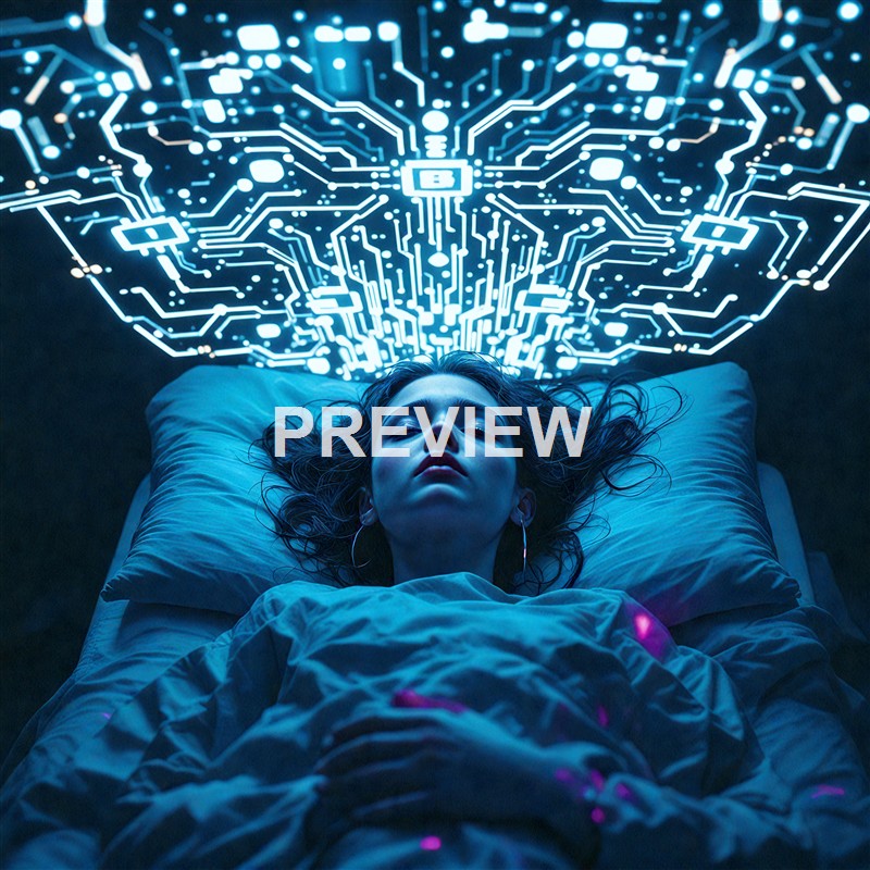 A woman lies on her back in bed with her eyes closed, while a glowing, circuit-like digital brain emanates above her head, suggesting a connection between sleep and technology or artificial intelligence.